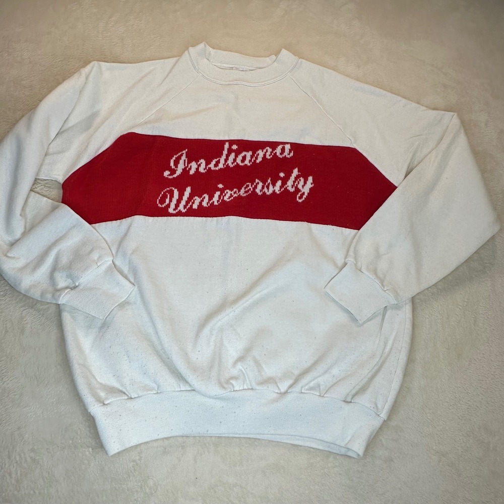 Vintage Indiana University Sweatshirt Large White Red Stripe Made in USA IU